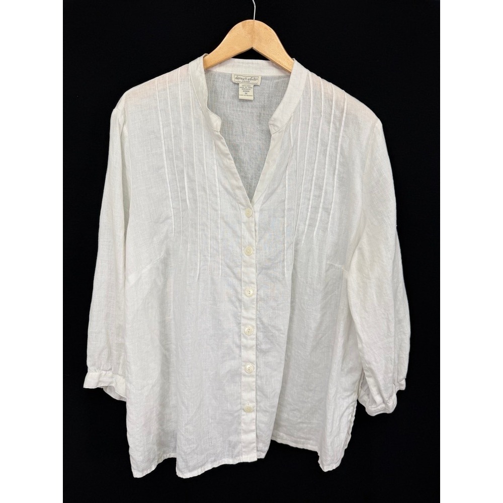 Deane and White Pintuck 100% Linen Button Up Shirt Women 1XL White Coastal Boho